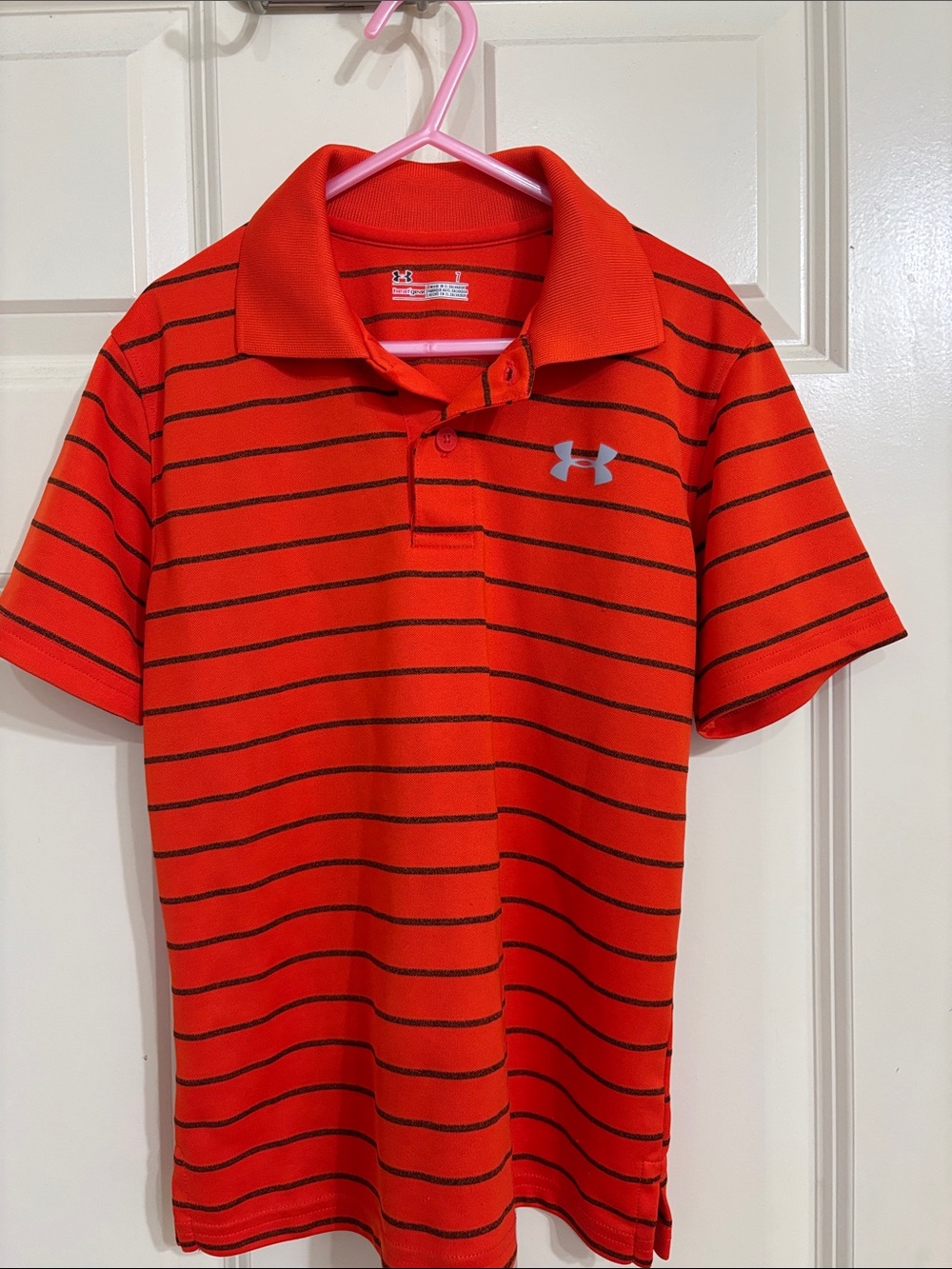 Under Armour Red Orange Striped Polo with Logo